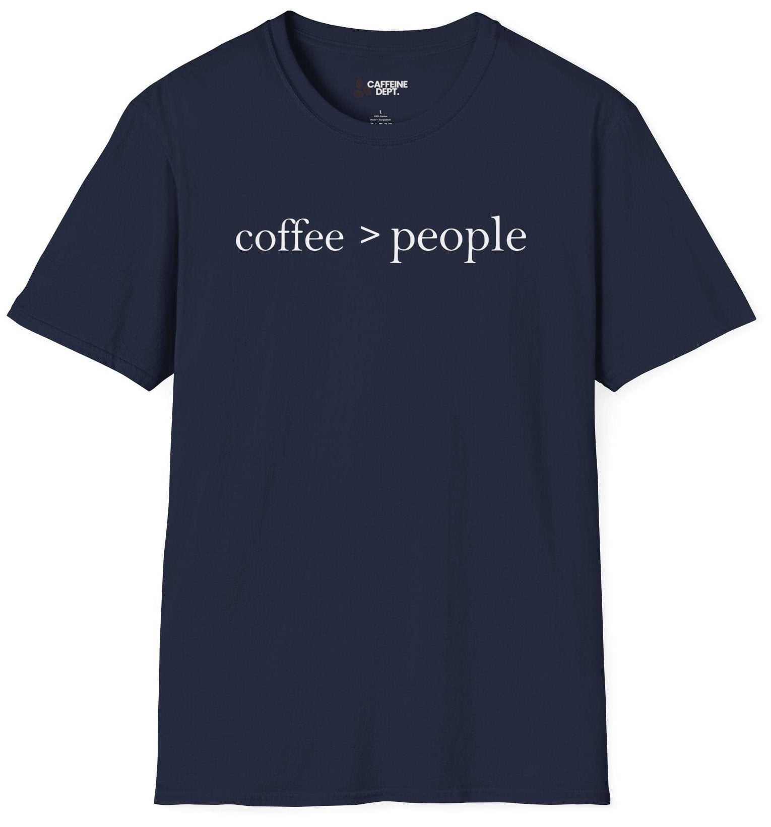 Navy blue t-shirt with 'coffee > people' text on a white background