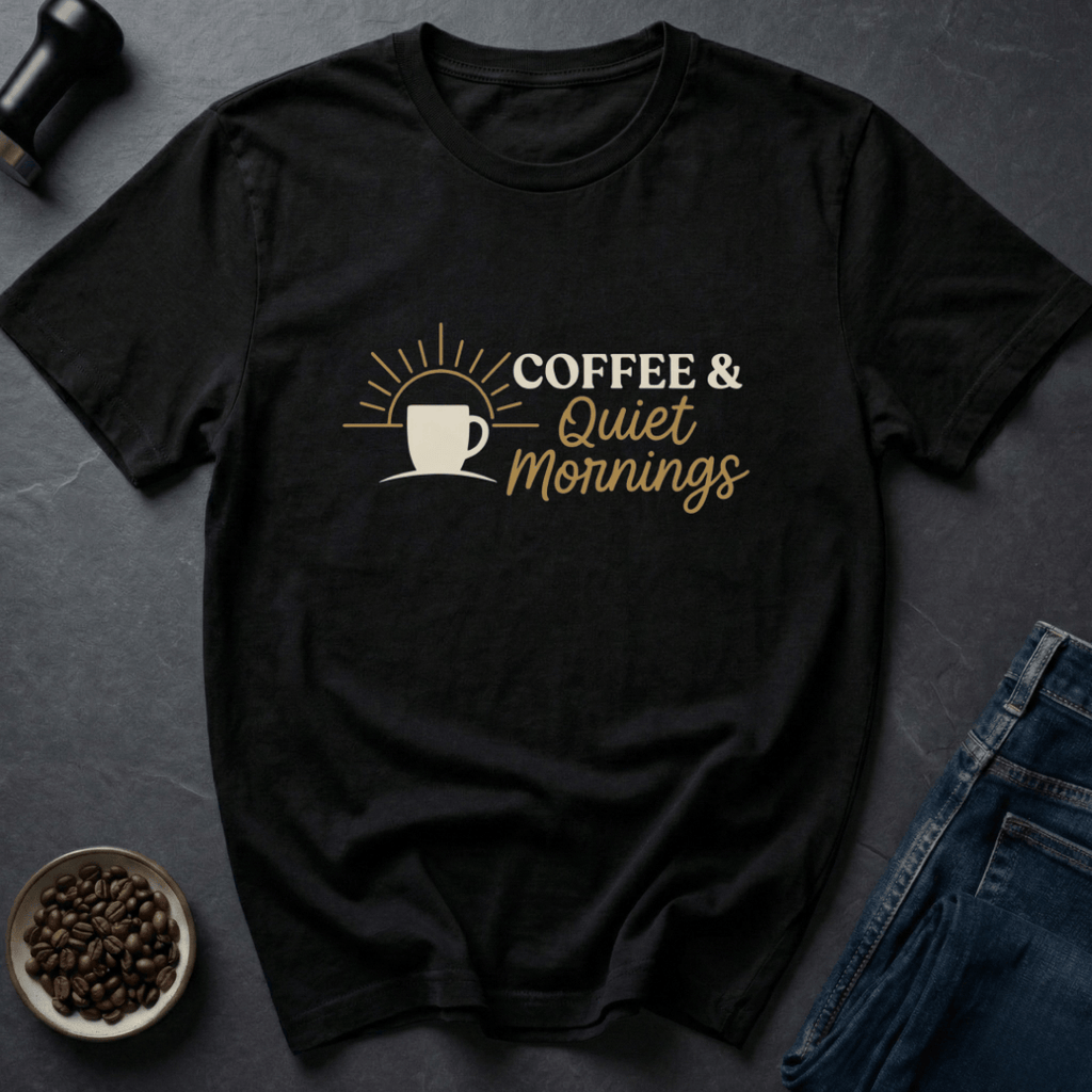 Coffee graphic Quiet Mornings T-Shirt in by Caffeine Dept