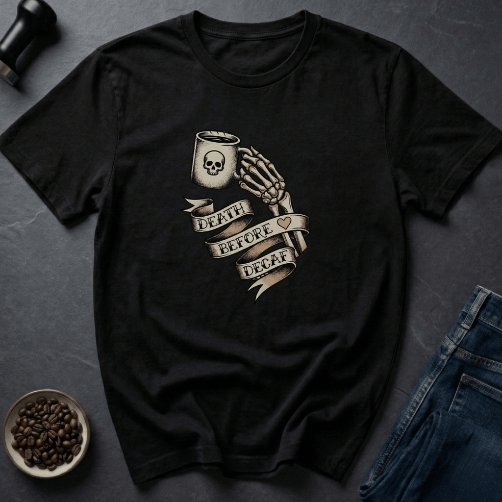 Coffee graphic Death Before Decaf T-Shirt in by Caffeine Dept