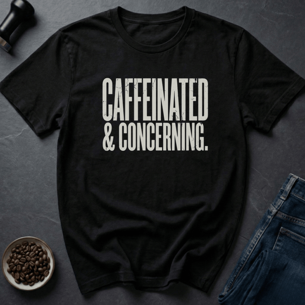 Coffee graphic Caffeinated And Concerning T-Shirt in by Caffeine Dept