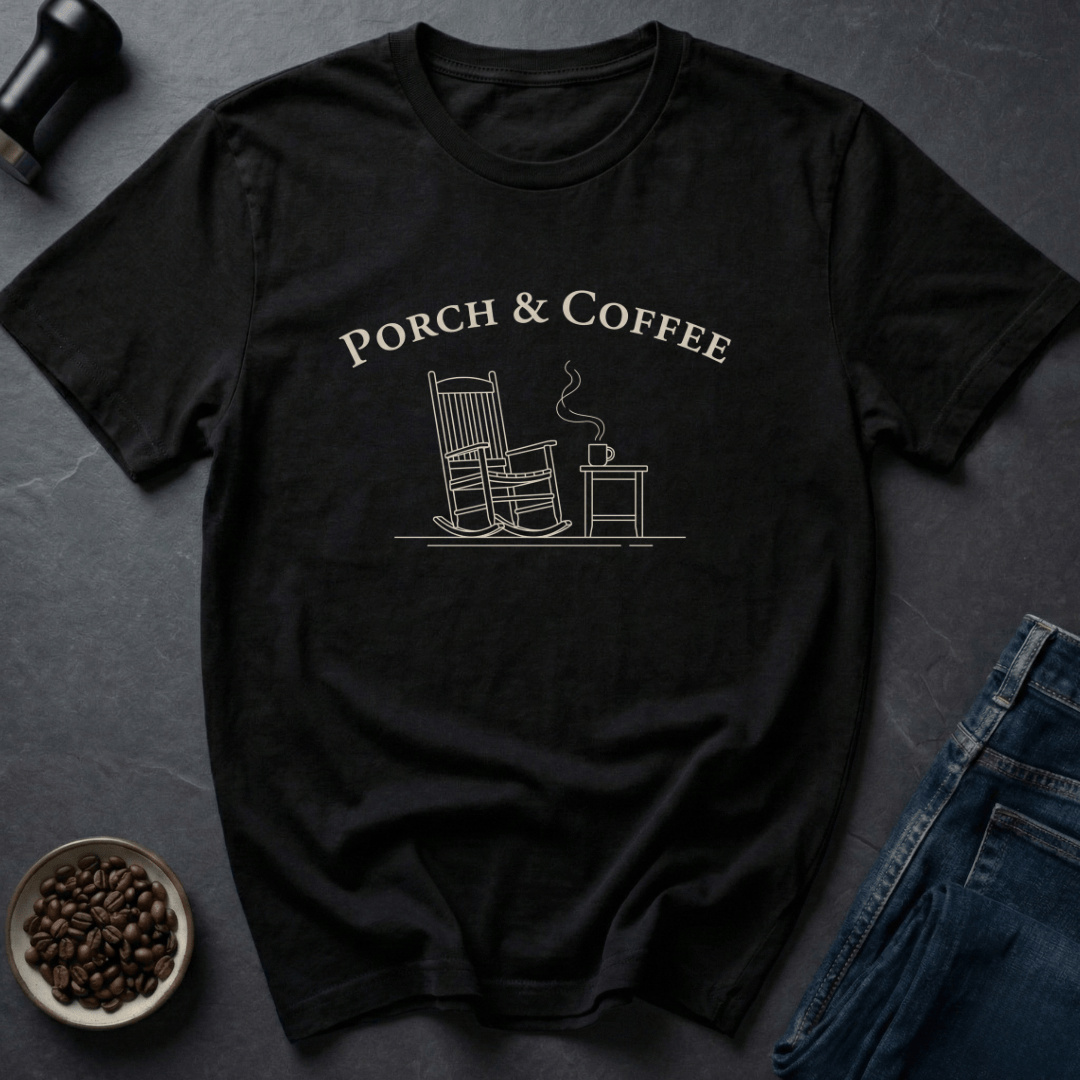 Coffee graphic Porch Coffee T-Shirt in by Caffeine Dept