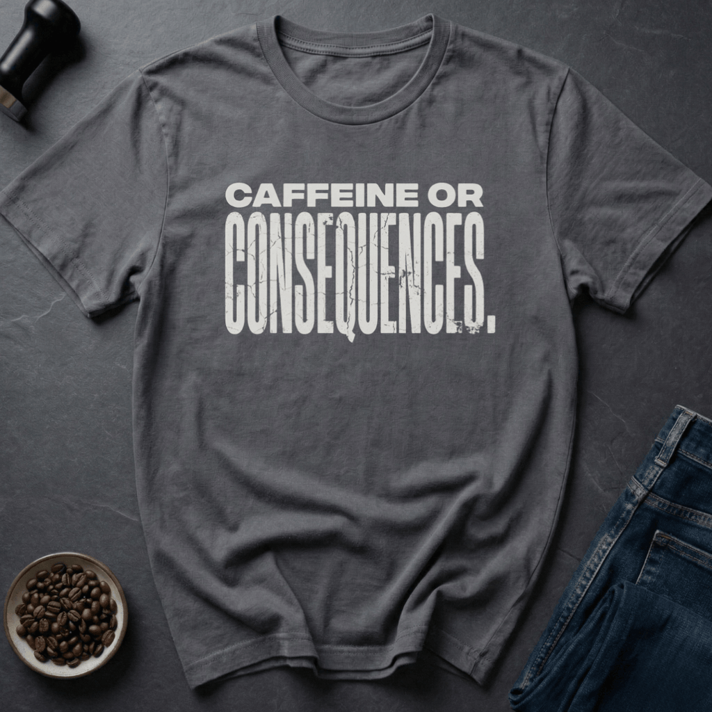 Coffee graphic Caffeine Or Consequences T-Shirt in by Caffeine Dept