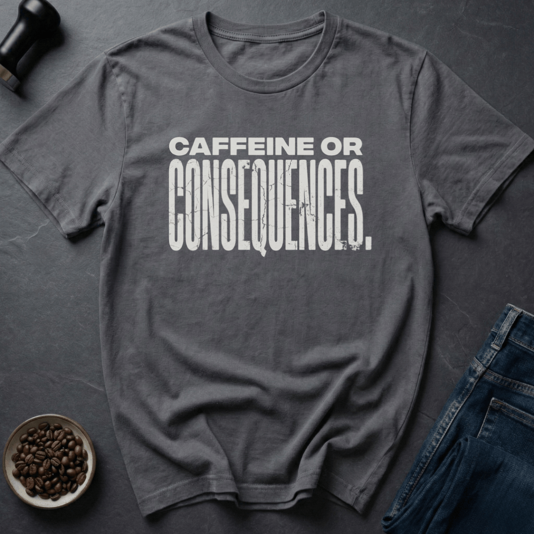 Coffee graphic Caffeine Or Consequences T-Shirt in by Caffeine Dept