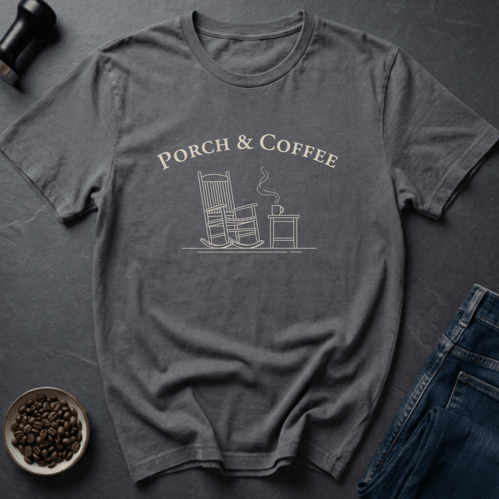 Coffee graphic Porch Coffee T-Shirt in by Caffeine Dept