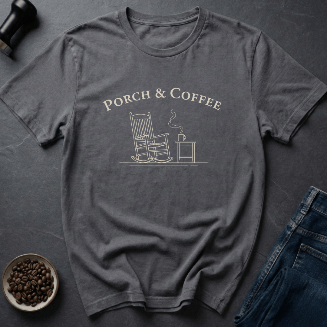 Coffee graphic Porch Coffee T-Shirt in by Caffeine Dept