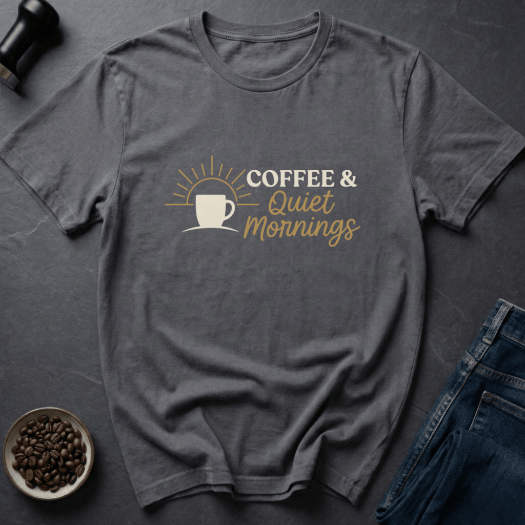 Coffee graphic Quiet Mornings T-Shirt in by Caffeine Dept