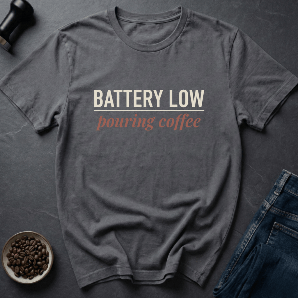 Coffee graphic Battery Low T-Shirt in by Caffeine Dept