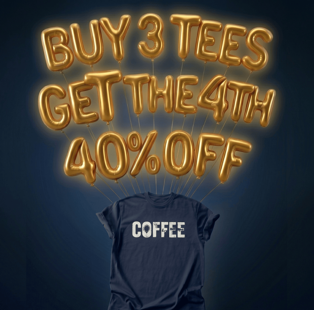 Promotional graphic for a t-shirt sale with a navy blue t-shirt and 'COFFEE' text on a dark background.