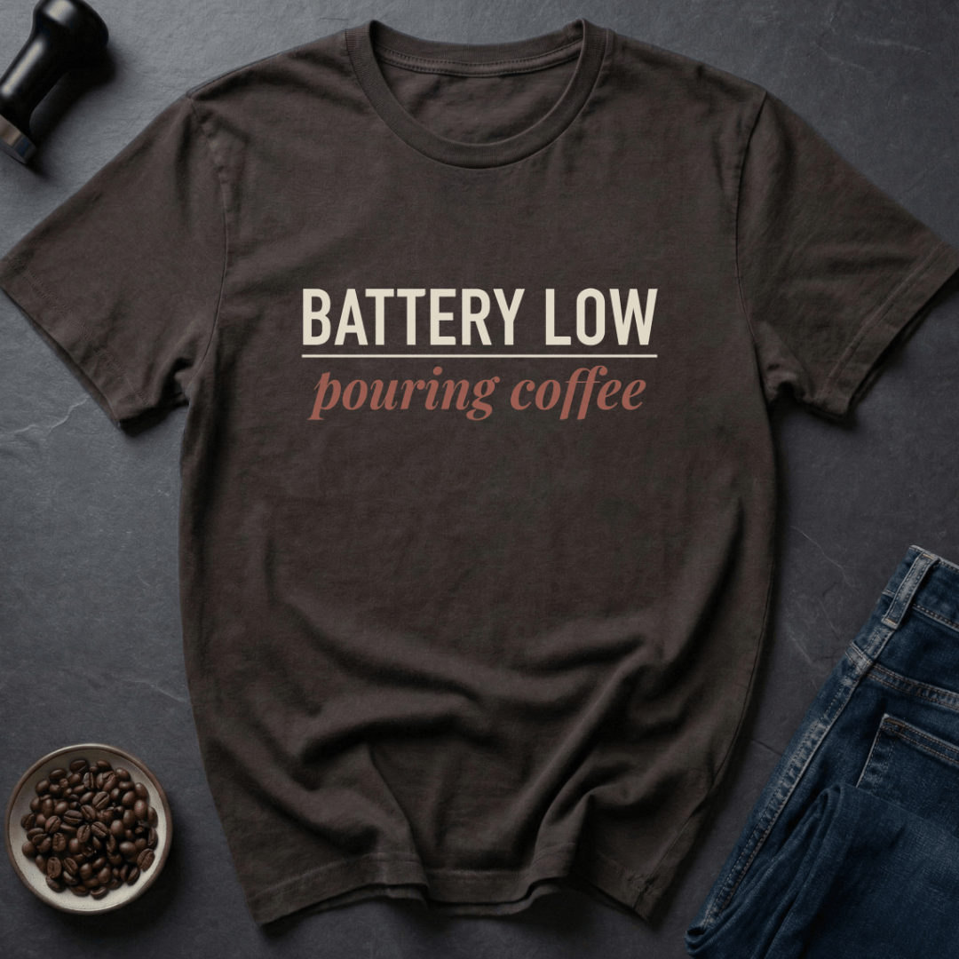 Coffee graphic Battery Low T-Shirt in by Caffeine Dept