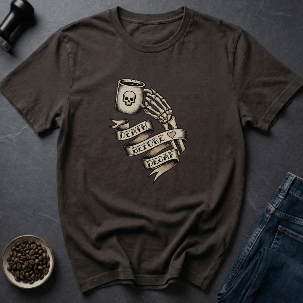 Coffee graphic Death Before Decaf T-Shirt in by Caffeine Dept
