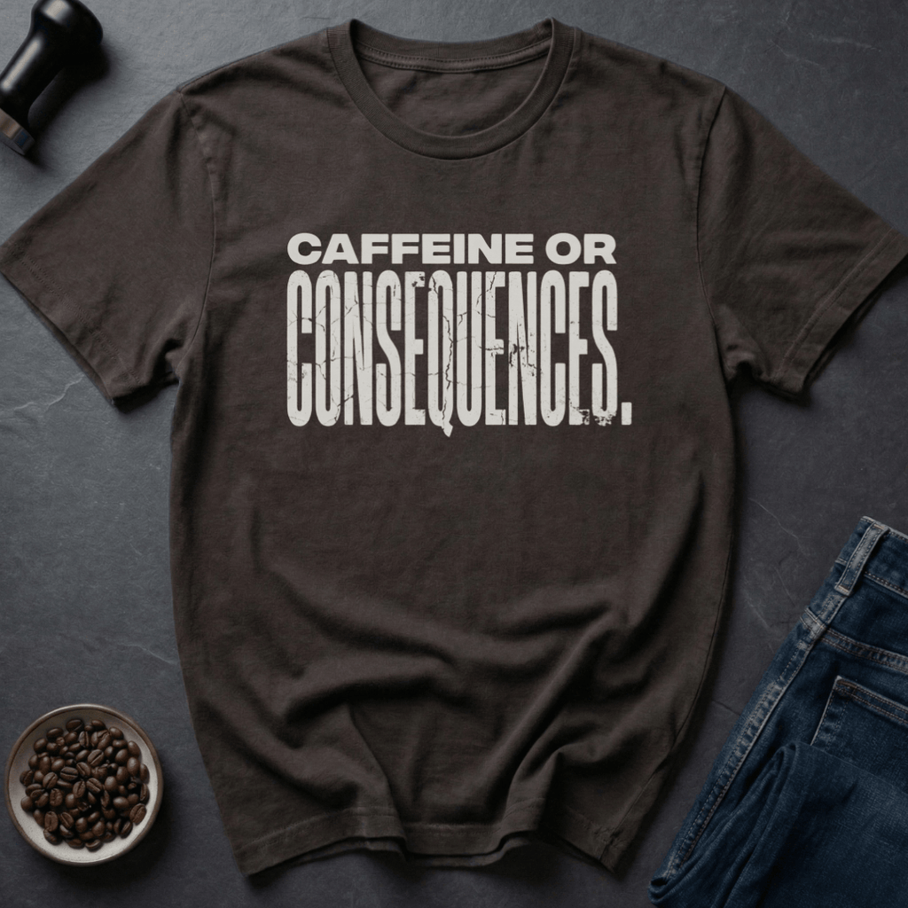 Coffee graphic Caffeine Or Consequences T-Shirt in by Caffeine Dept