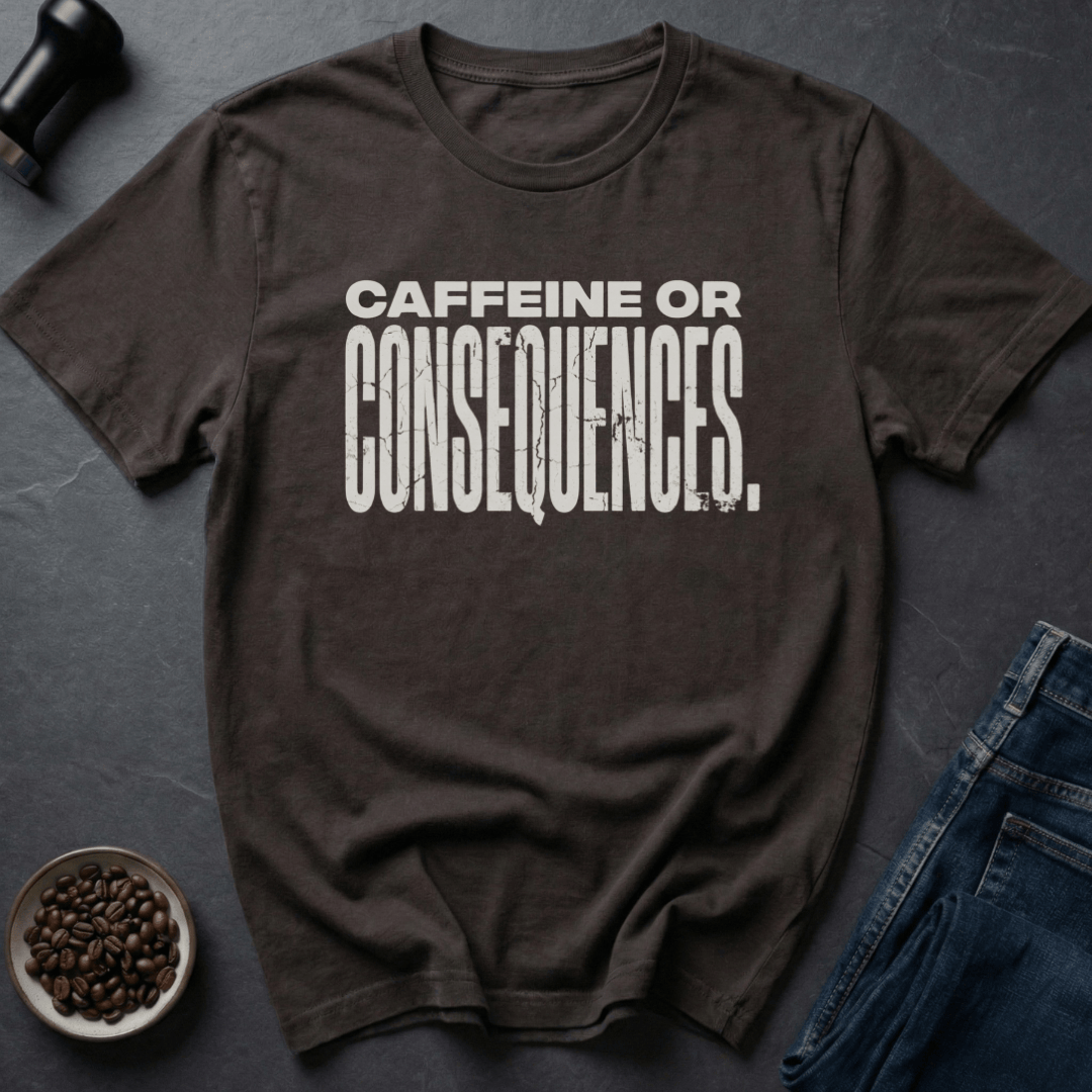 Coffee graphic Caffeine Or Consequences T-Shirt in by Caffeine Dept