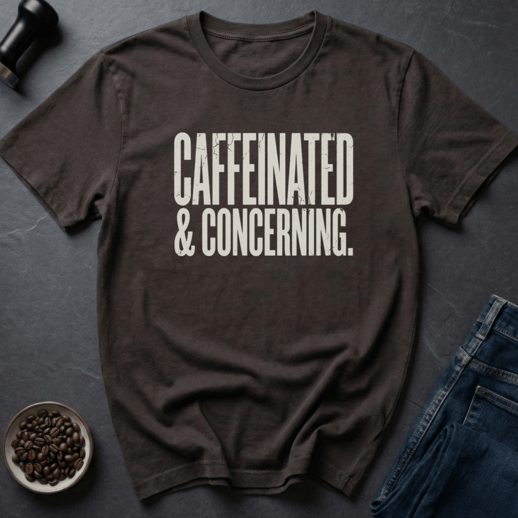 Coffee graphic Caffeinated And Concerning T-Shirt in by Caffeine Dept