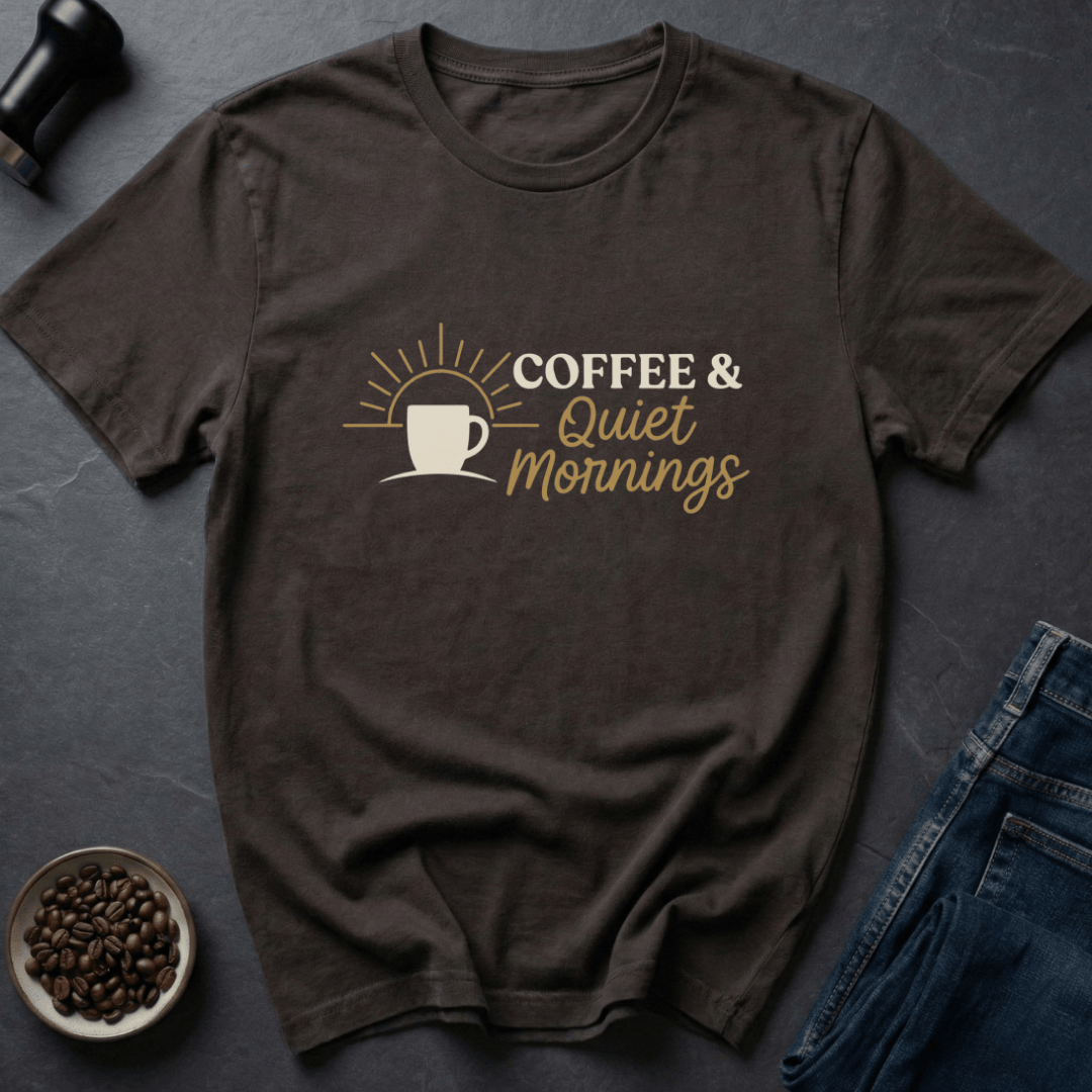 Coffee graphic Quiet Mornings T-Shirt in by Caffeine Dept