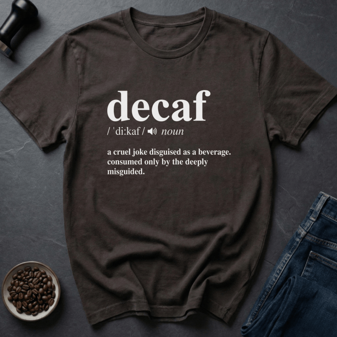 Coffee graphic Decaf Joke T-Shirt in by Caffeine Dept