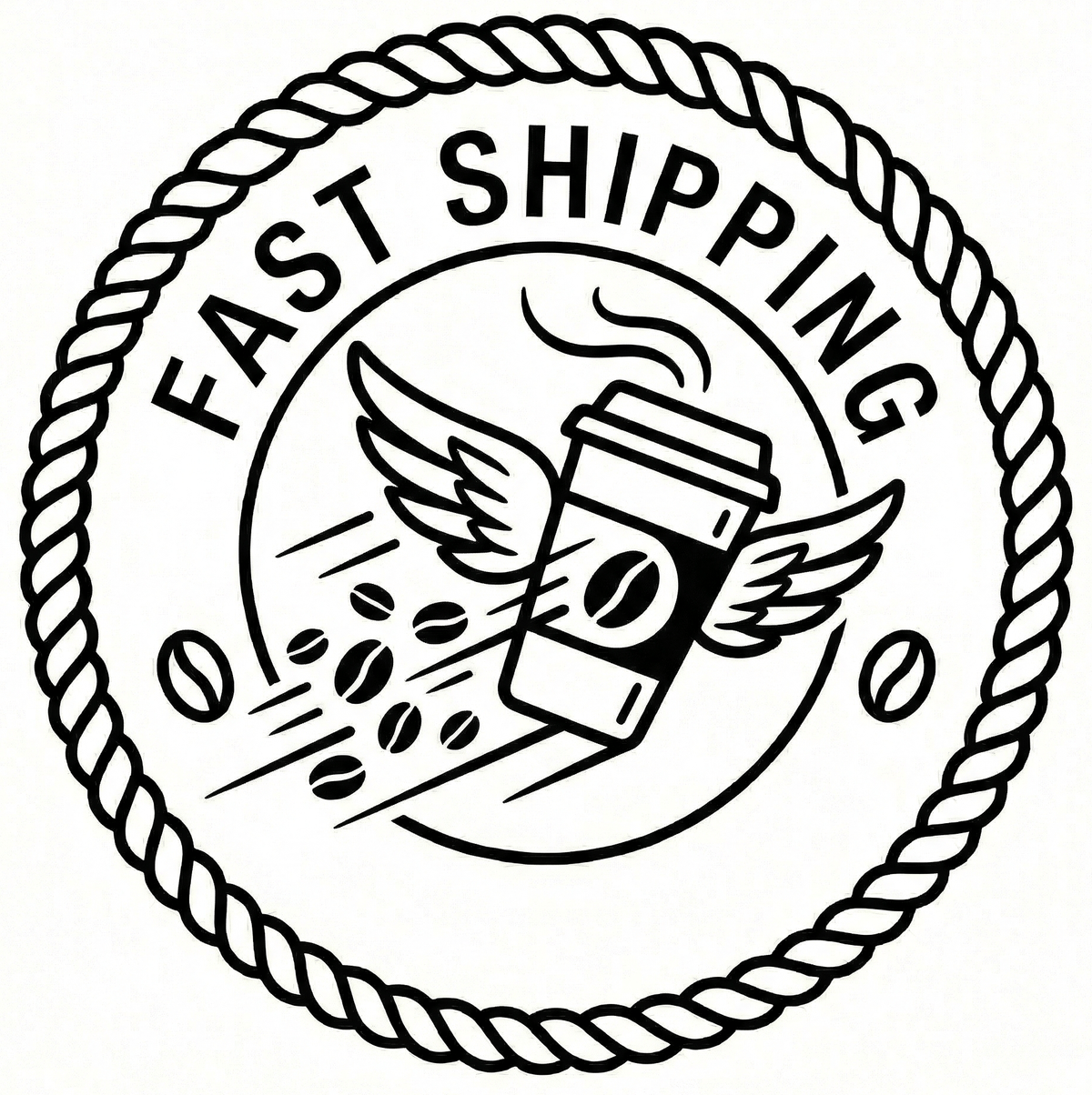 Logo with 'Fast Shipping' text, coffee cup with wings, and coffee beans inside a circular design with rope border.