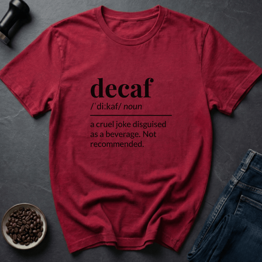 Coffee graphic Decaf Joke T-Shirt in by Caffeine Dept