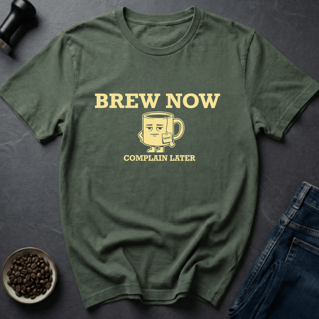 Coffee graphic Brew Now T-Shirt in by Caffeine Dept