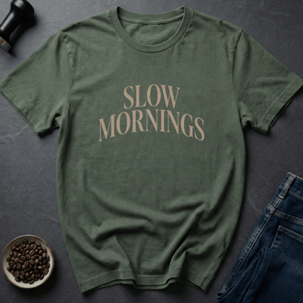 Coffee graphic Slow Mornings T-Shirt in by Caffeine Dept