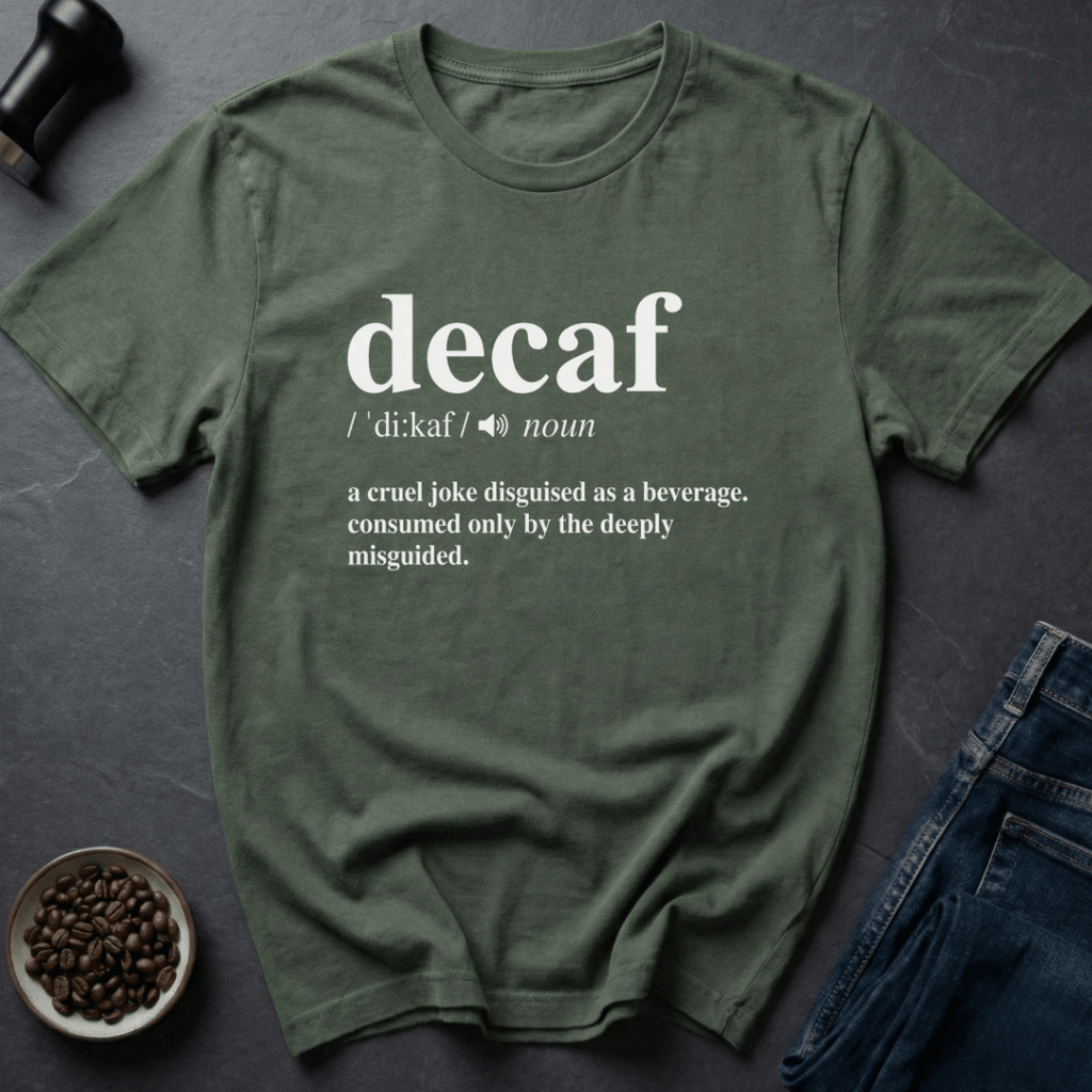 Coffee graphic Decaf Joke T-Shirt in by Caffeine Dept