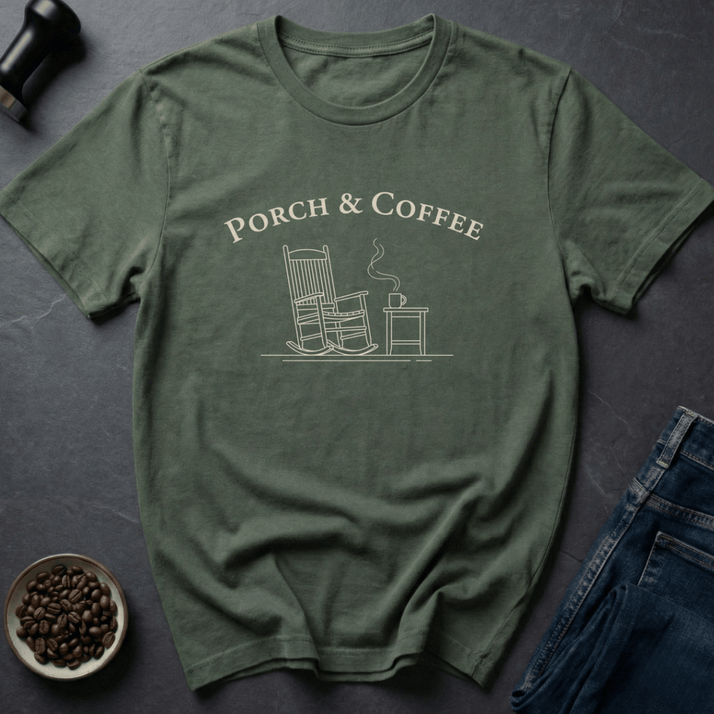 Coffee graphic Porch Coffee T-Shirt in by Caffeine Dept