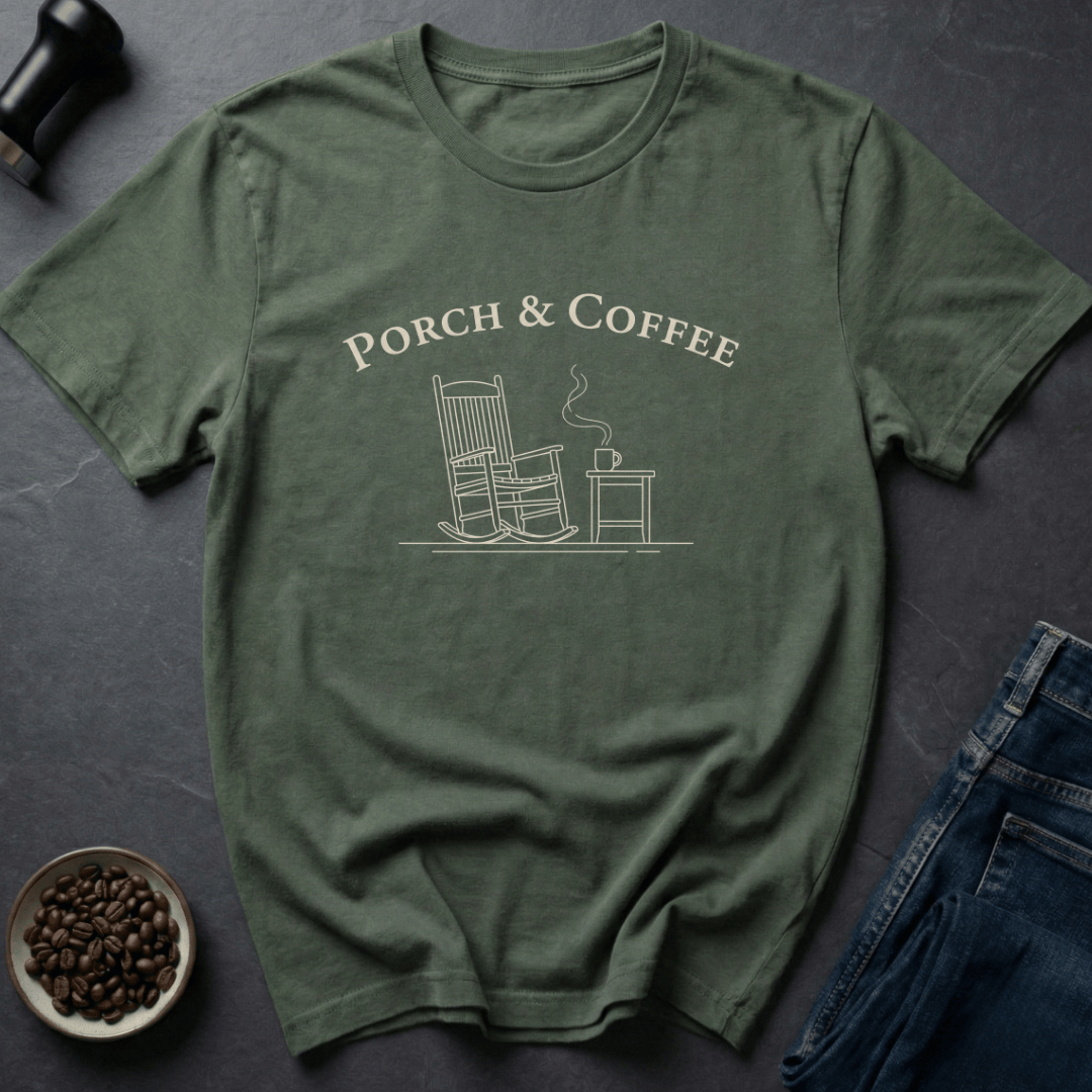 Coffee graphic Porch Coffee T-Shirt in by Caffeine Dept