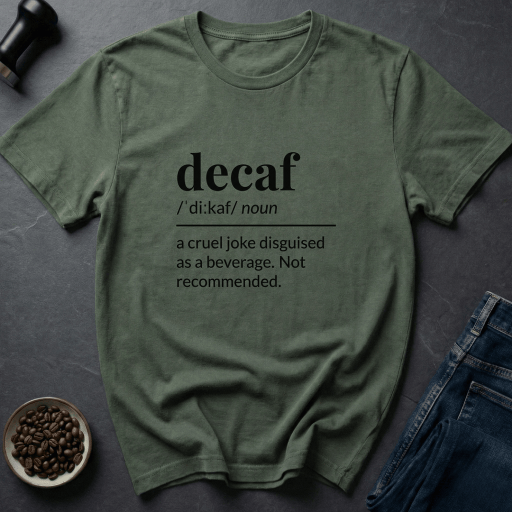 Coffee graphic Decaf Joke T-Shirt in by Caffeine Dept