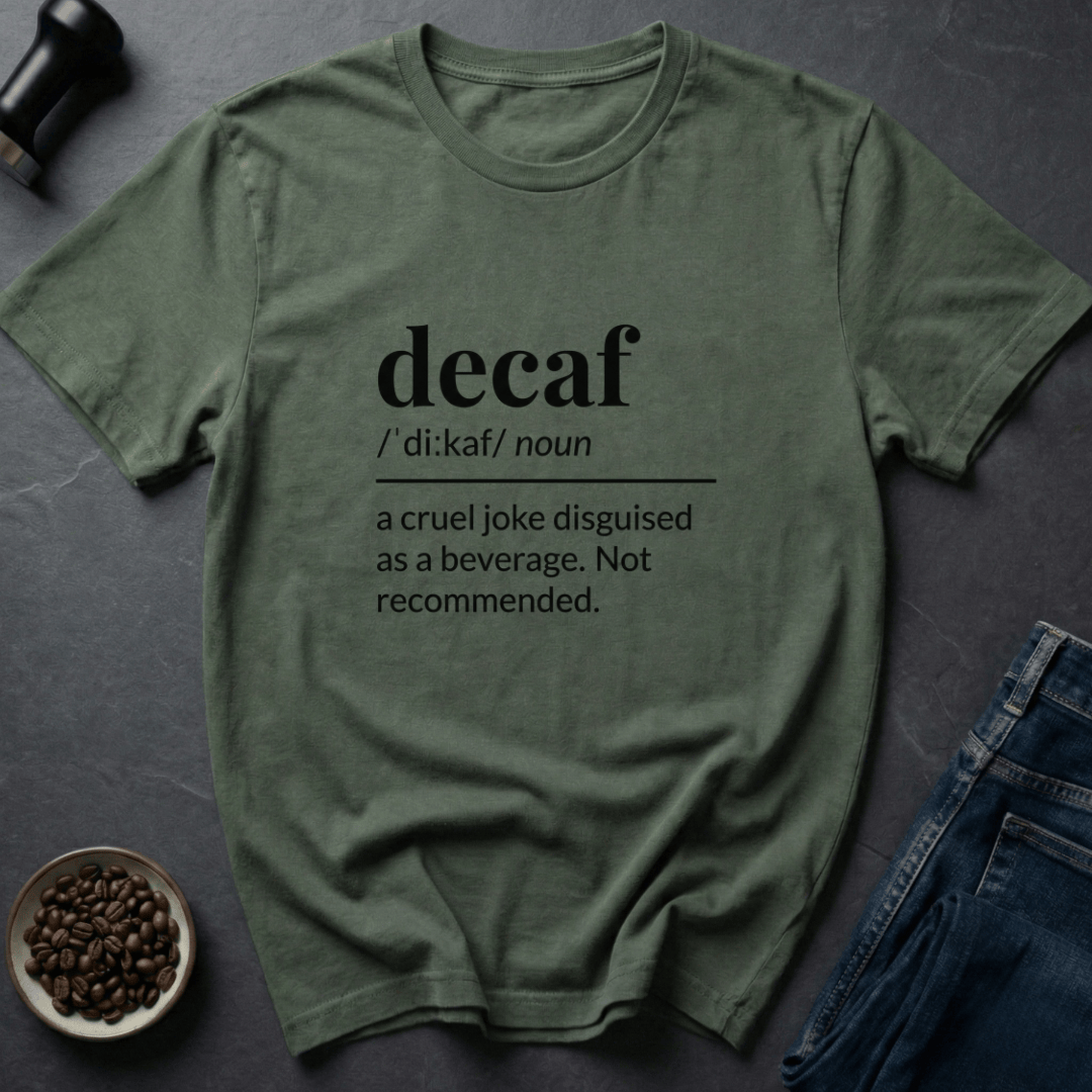 Coffee graphic Decaf Joke T-Shirt in by Caffeine Dept