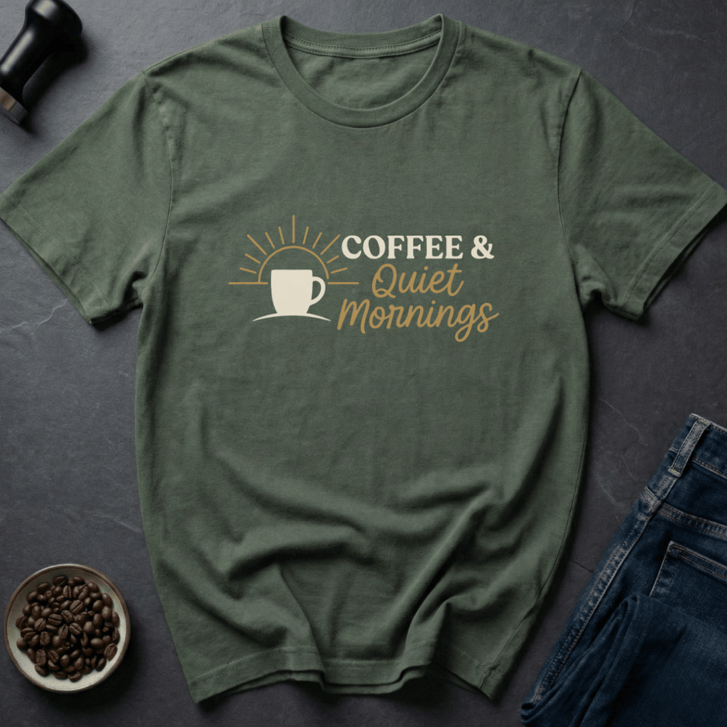Coffee graphic Quiet Mornings T-Shirt in by Caffeine Dept