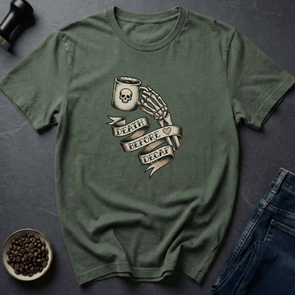 Coffee graphic Death Before Decaf T-Shirt in by Caffeine Dept