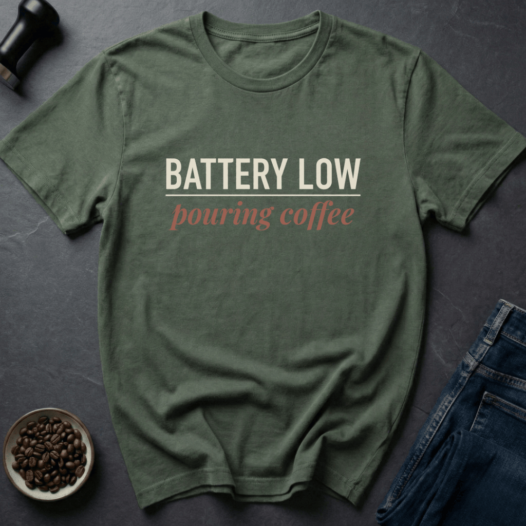 Coffee graphic Battery Low T-Shirt in by Caffeine Dept