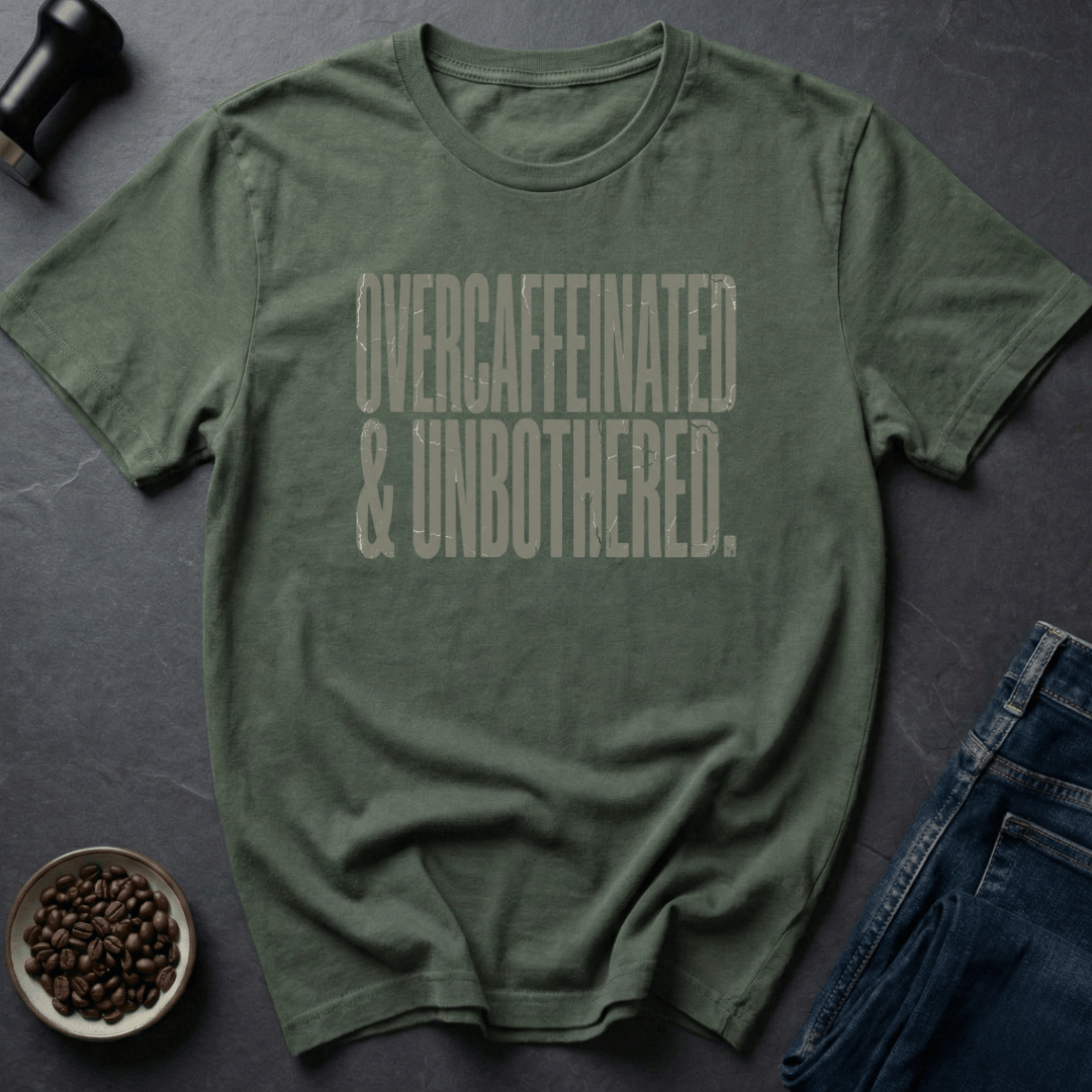 Coffee graphic Overcaffeinated Unbothered T-Shirt in by Caffeine Dept
