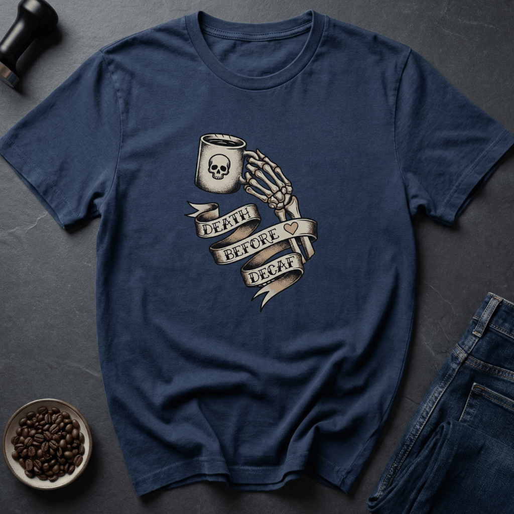 Coffee graphic Death Before Decaf T-Shirt in by Caffeine Dept