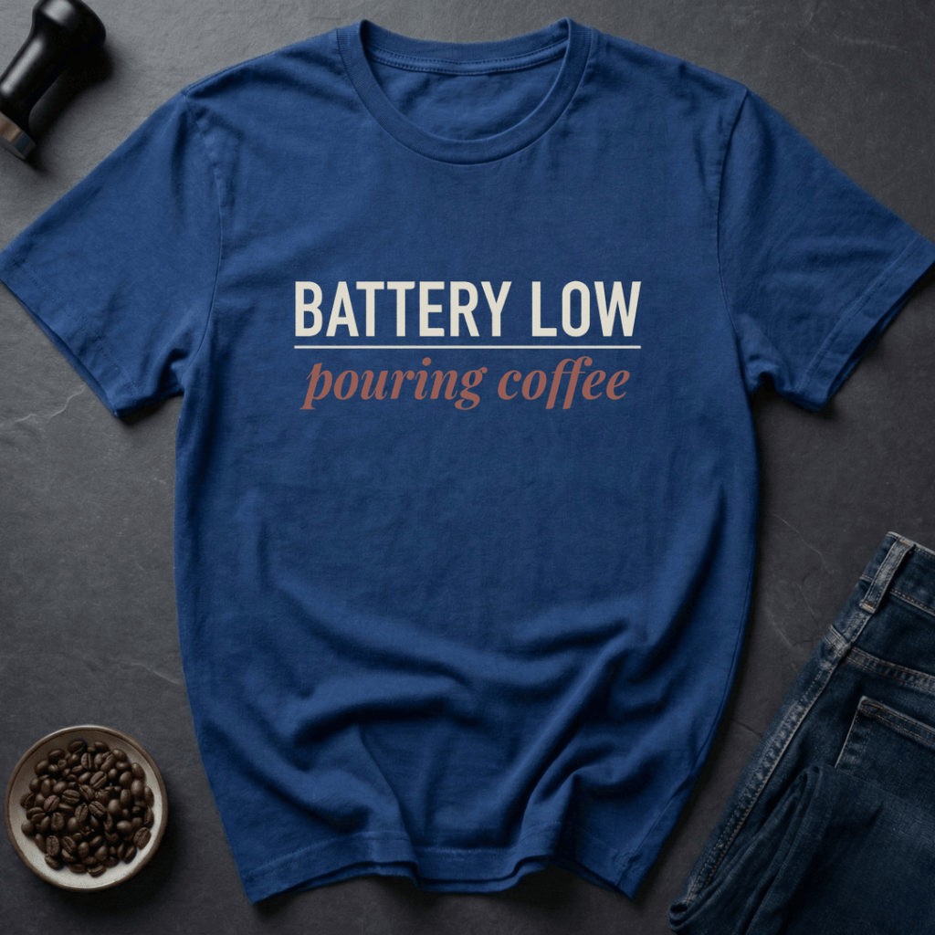 Coffee graphic Battery Low T-Shirt in by Caffeine Dept