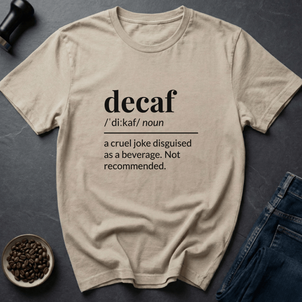 Coffee graphic Decaf Joke T-Shirt in by Caffeine Dept
