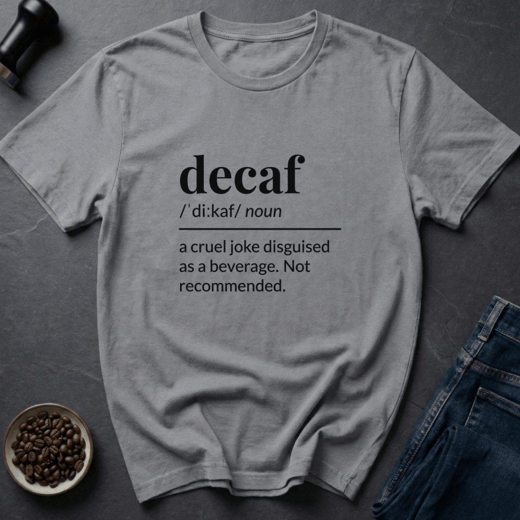 Coffee graphic Decaf Joke T-Shirt in by Caffeine Dept