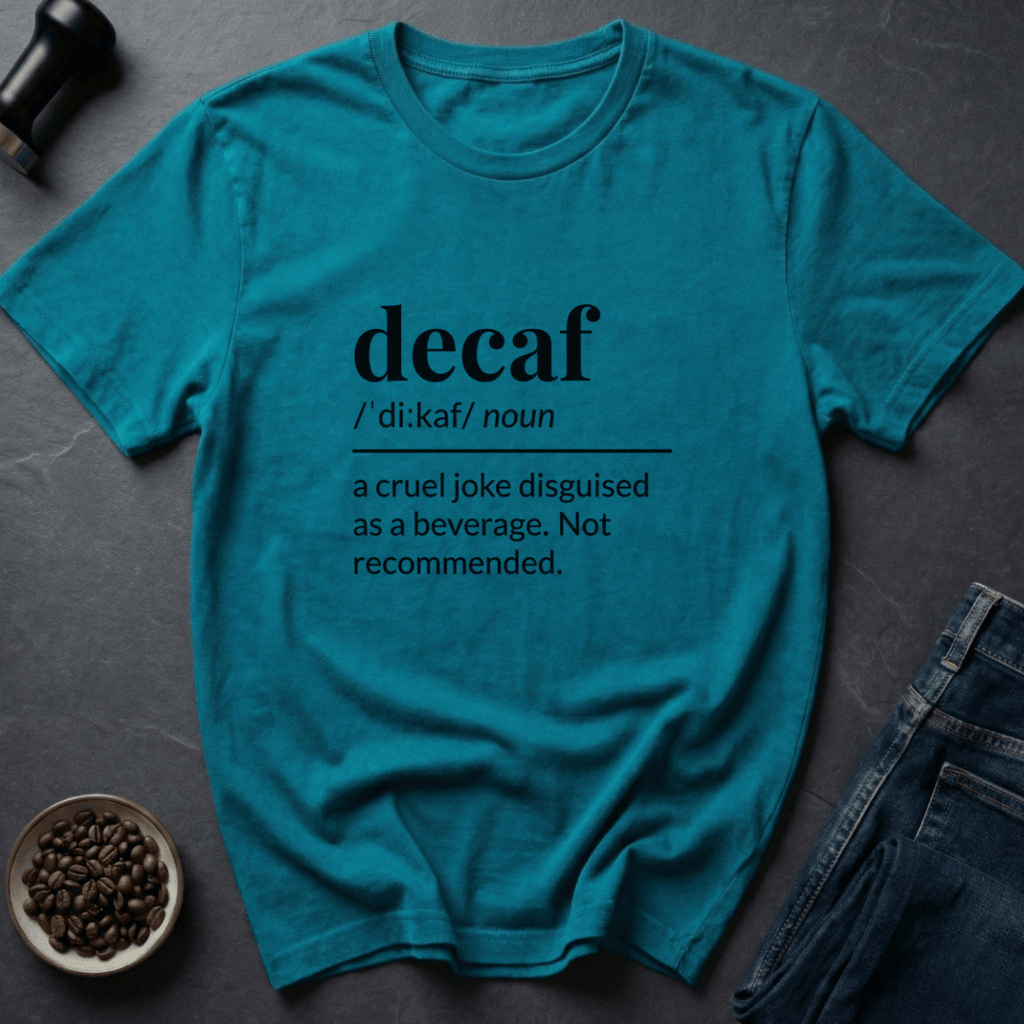 Coffee graphic Decaf Joke T-Shirt in by Caffeine Dept