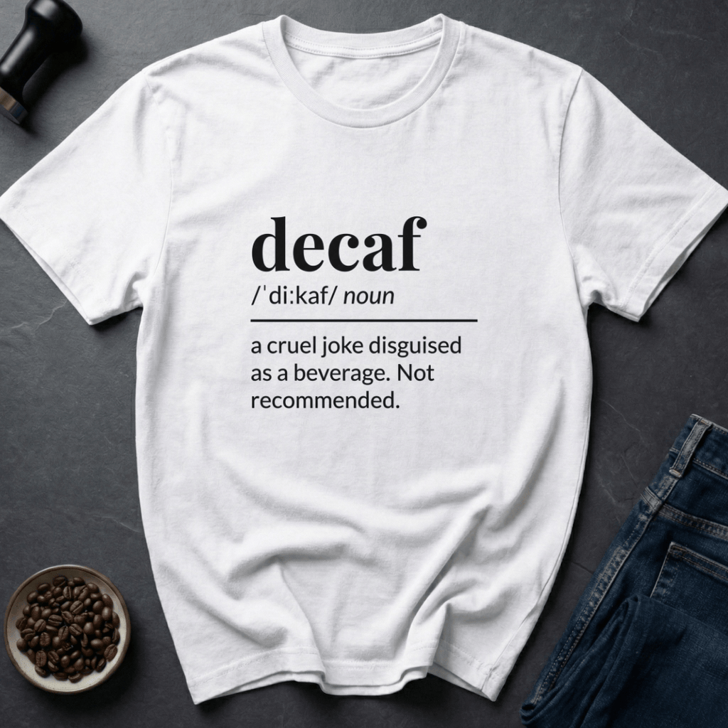Coffee graphic Decaf Joke T-Shirt in by Caffeine Dept