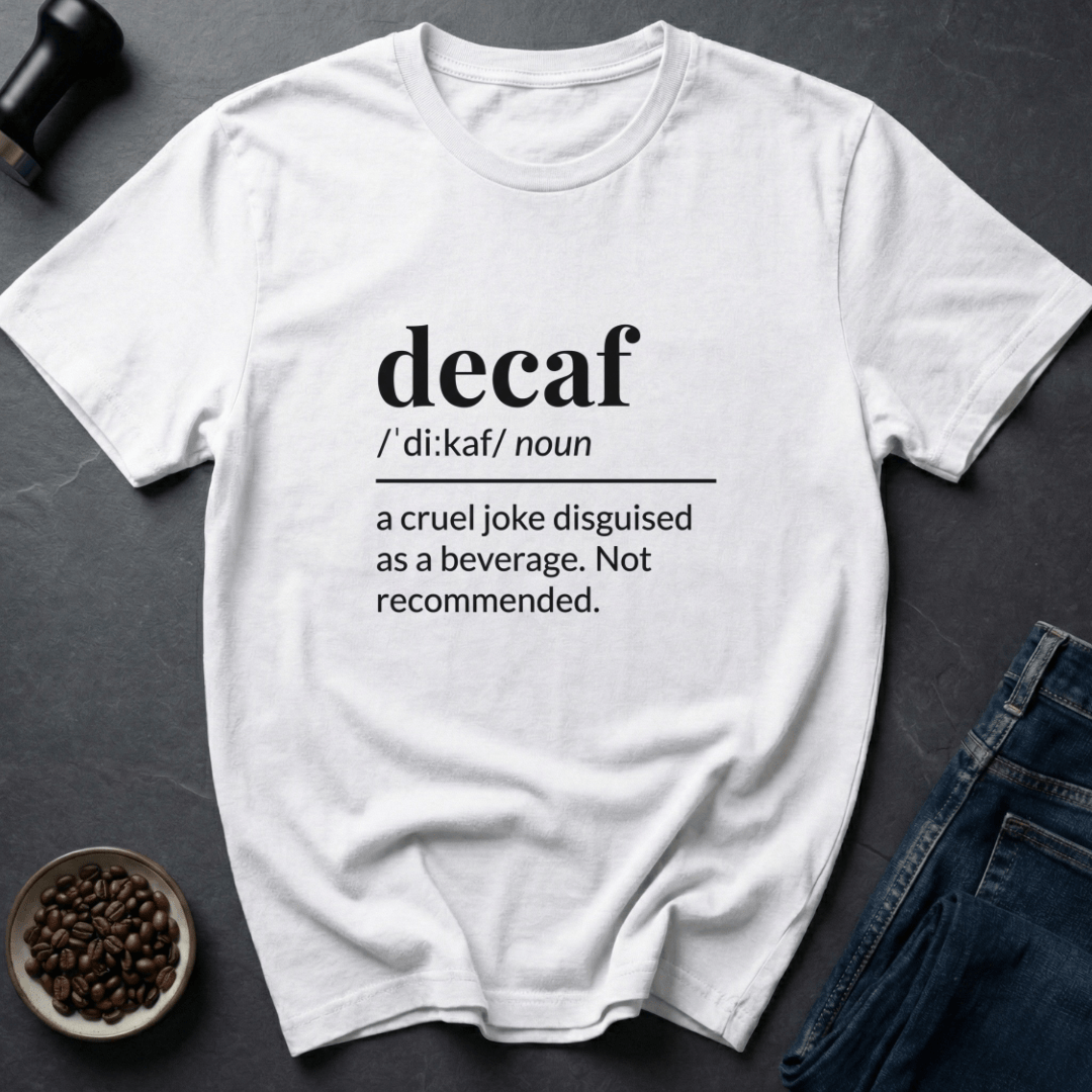 Coffee graphic Decaf Joke T-Shirt in by Caffeine Dept