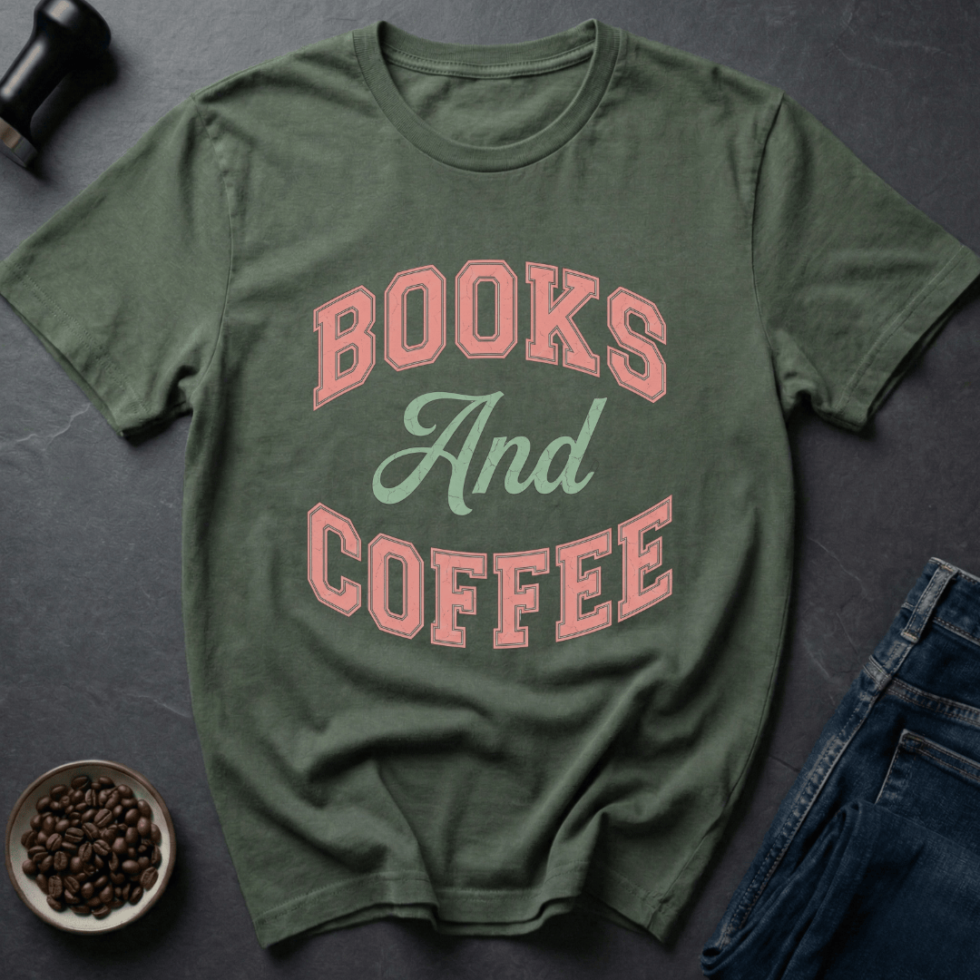 Coffee graphic Books & Coffee T-Shirt in Military Green / S by Caffeine Dept