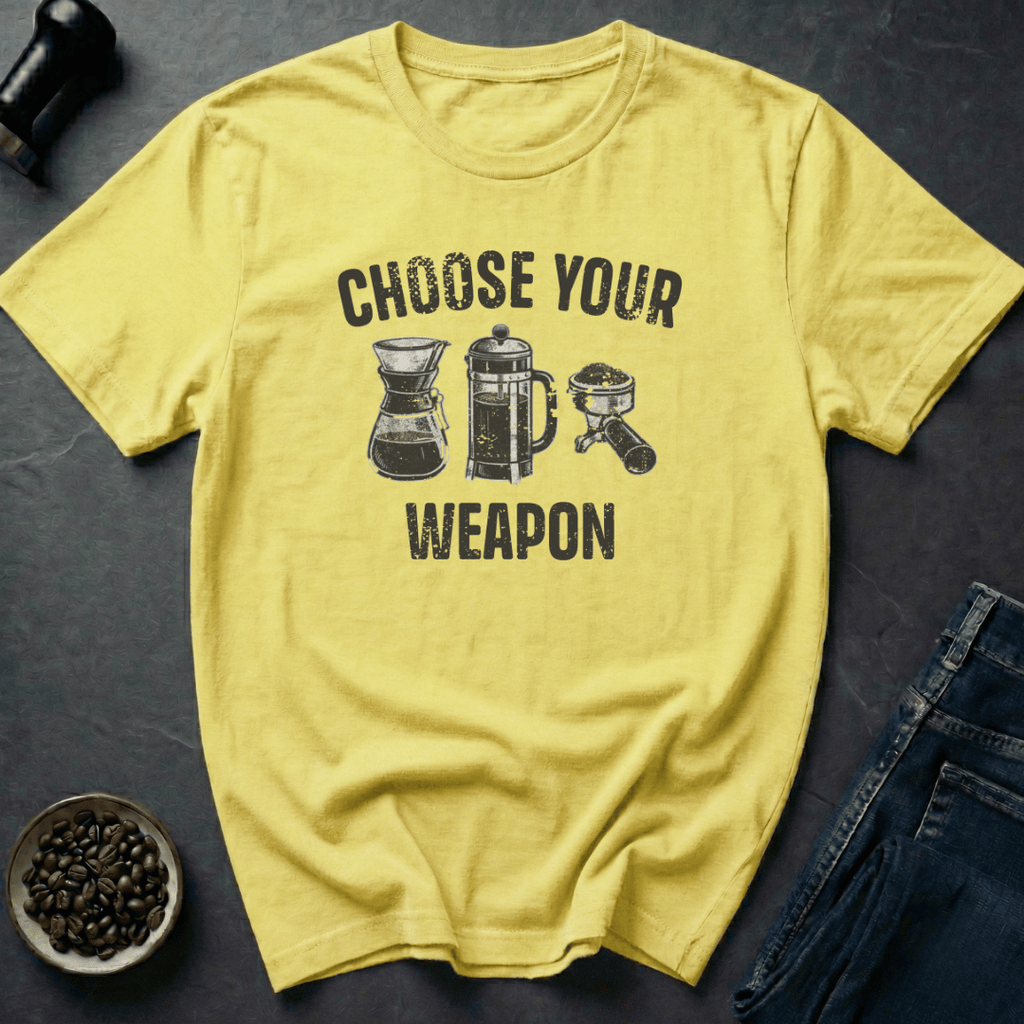 Coffee graphic Choose Your Weapon T-Shirt in Cornsilk / S by Caffeine Dept