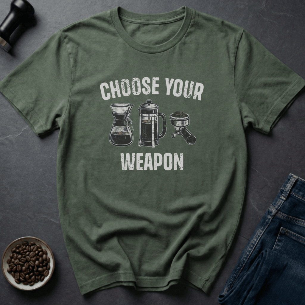 Coffee graphic Choose Your Weapon T-Shirt in Cornsilk / S by Caffeine Dept