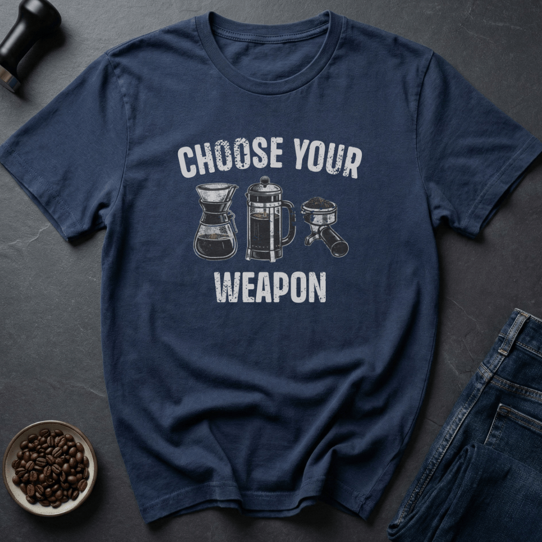 Coffee graphic Choose Your Weapon T-Shirt in Cornsilk / S by Caffeine Dept