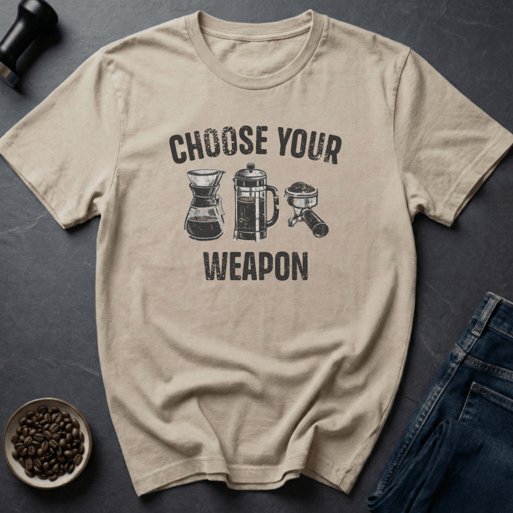 Coffee graphic Choose Your Weapon T-Shirt in Cornsilk / S by Caffeine Dept