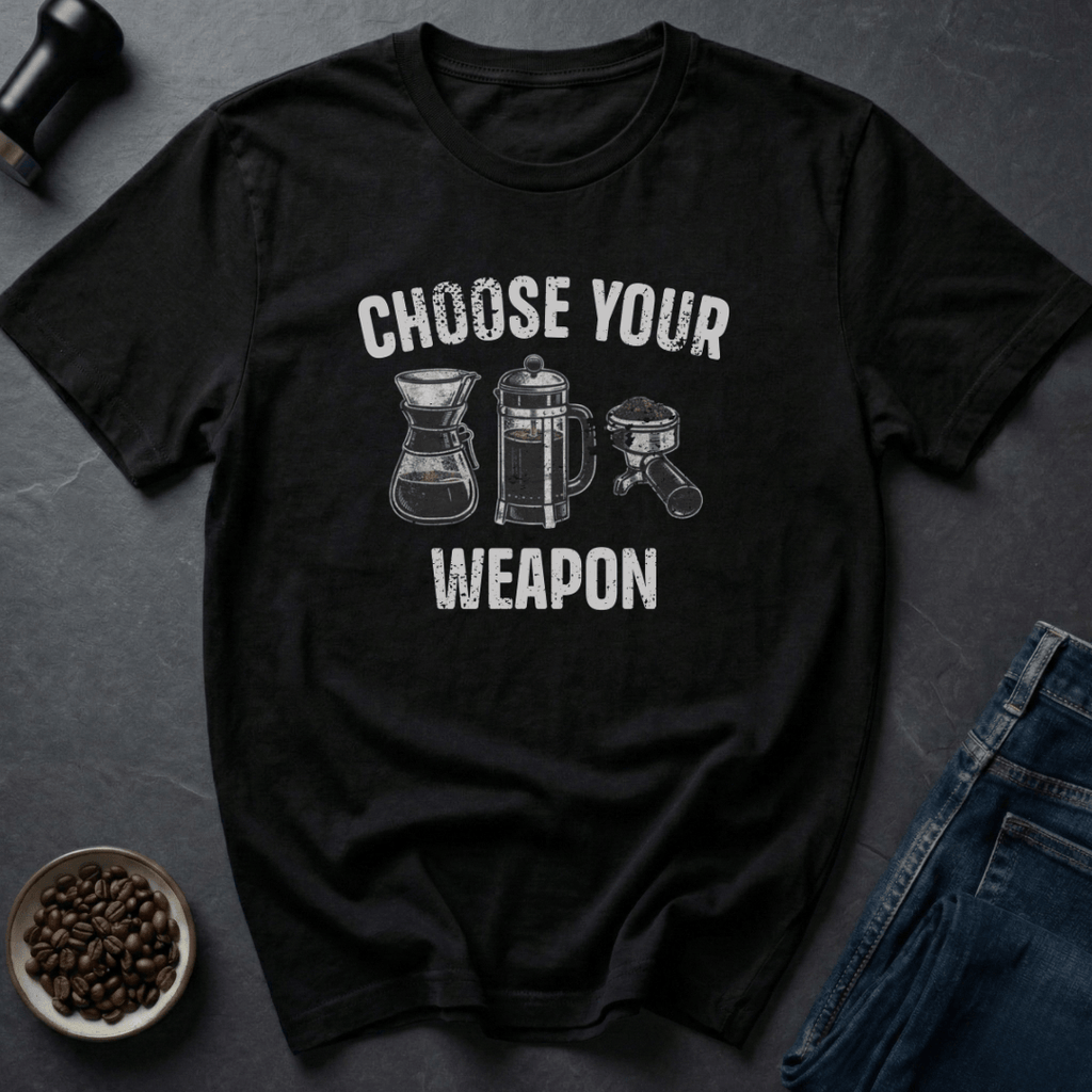 Coffee graphic Choose Your Weapon T-Shirt in Cornsilk / S by Caffeine Dept