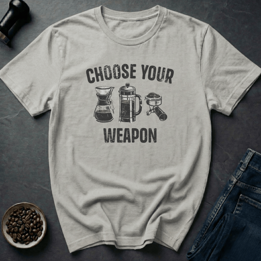 Coffee graphic Choose Your Weapon T-Shirt in Cornsilk / S by Caffeine Dept
