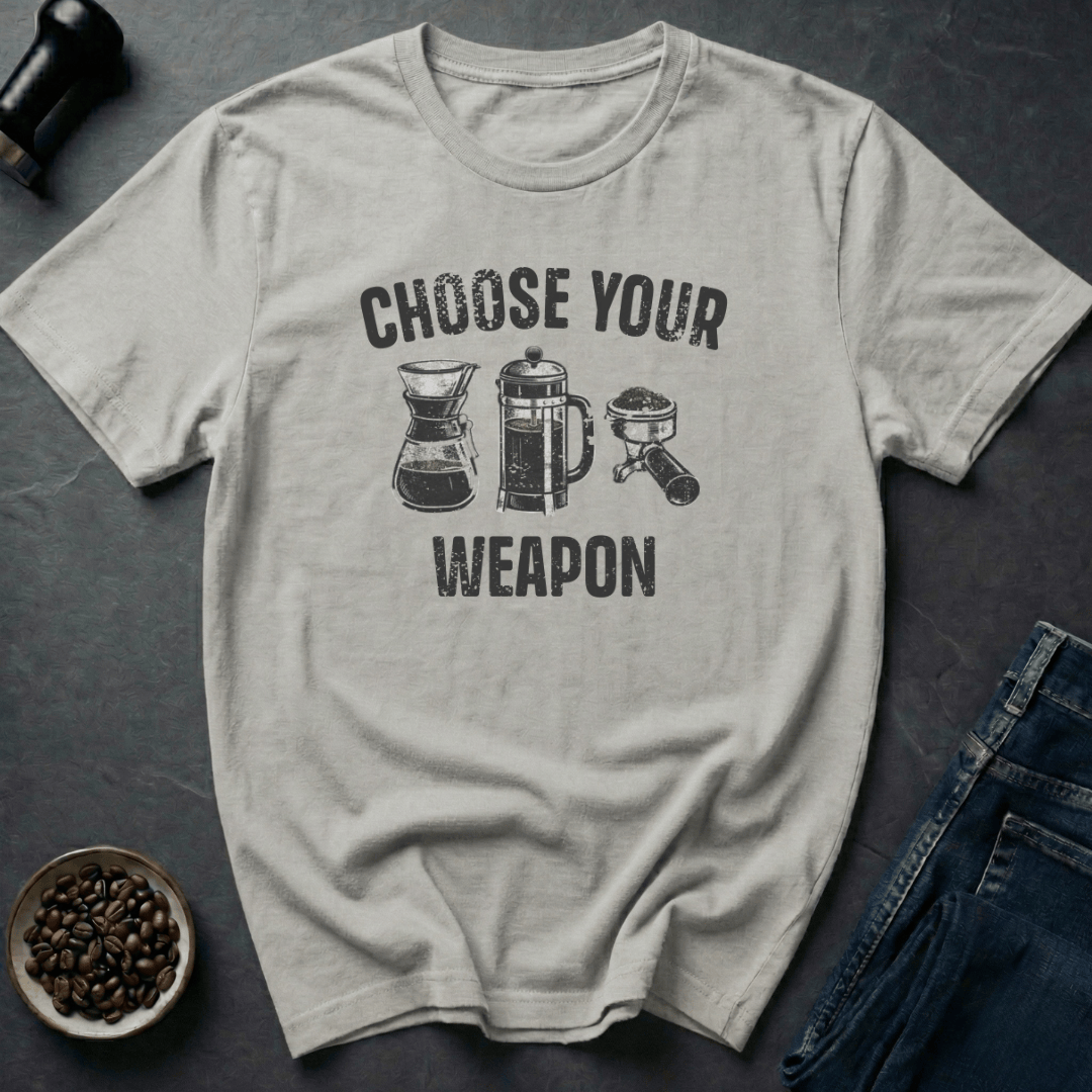 Coffee graphic Choose Your Weapon T-Shirt in Cornsilk / S by Caffeine Dept
