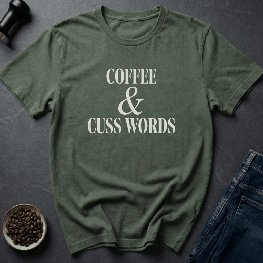 Coffee graphic Coffee Cuss Words T-Shirt in Military Green / S by Caffeine Dept