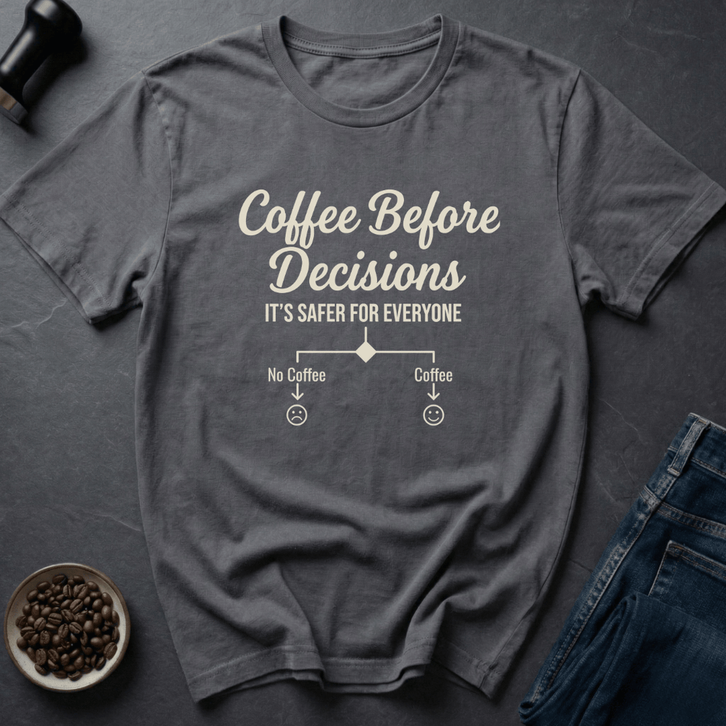 Coffee graphic Coffee Decisions T-Shirt in Charcoal / S by Caffeine Dept