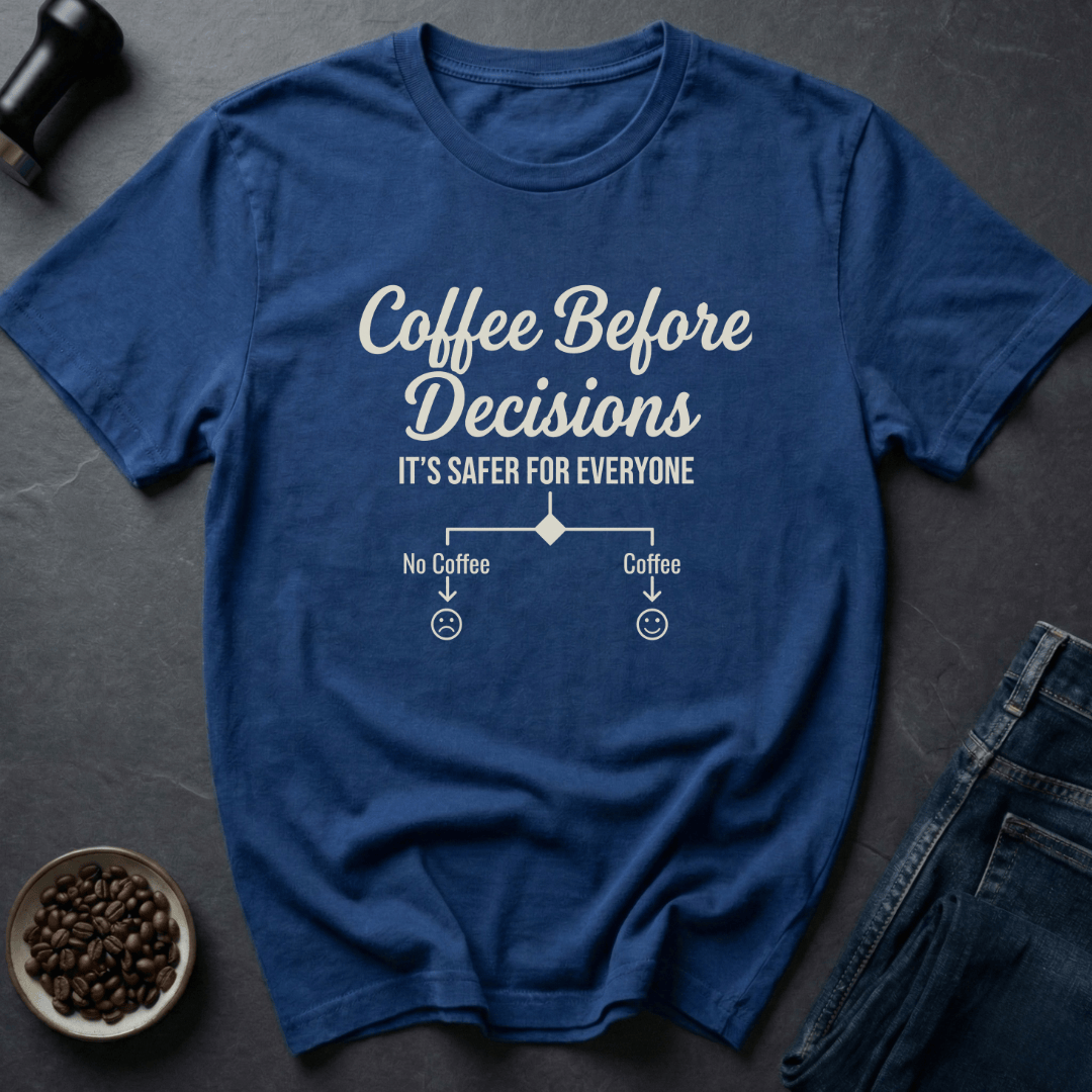 Coffee graphic Coffee Decisions T-Shirt in Royal / S by Caffeine Dept